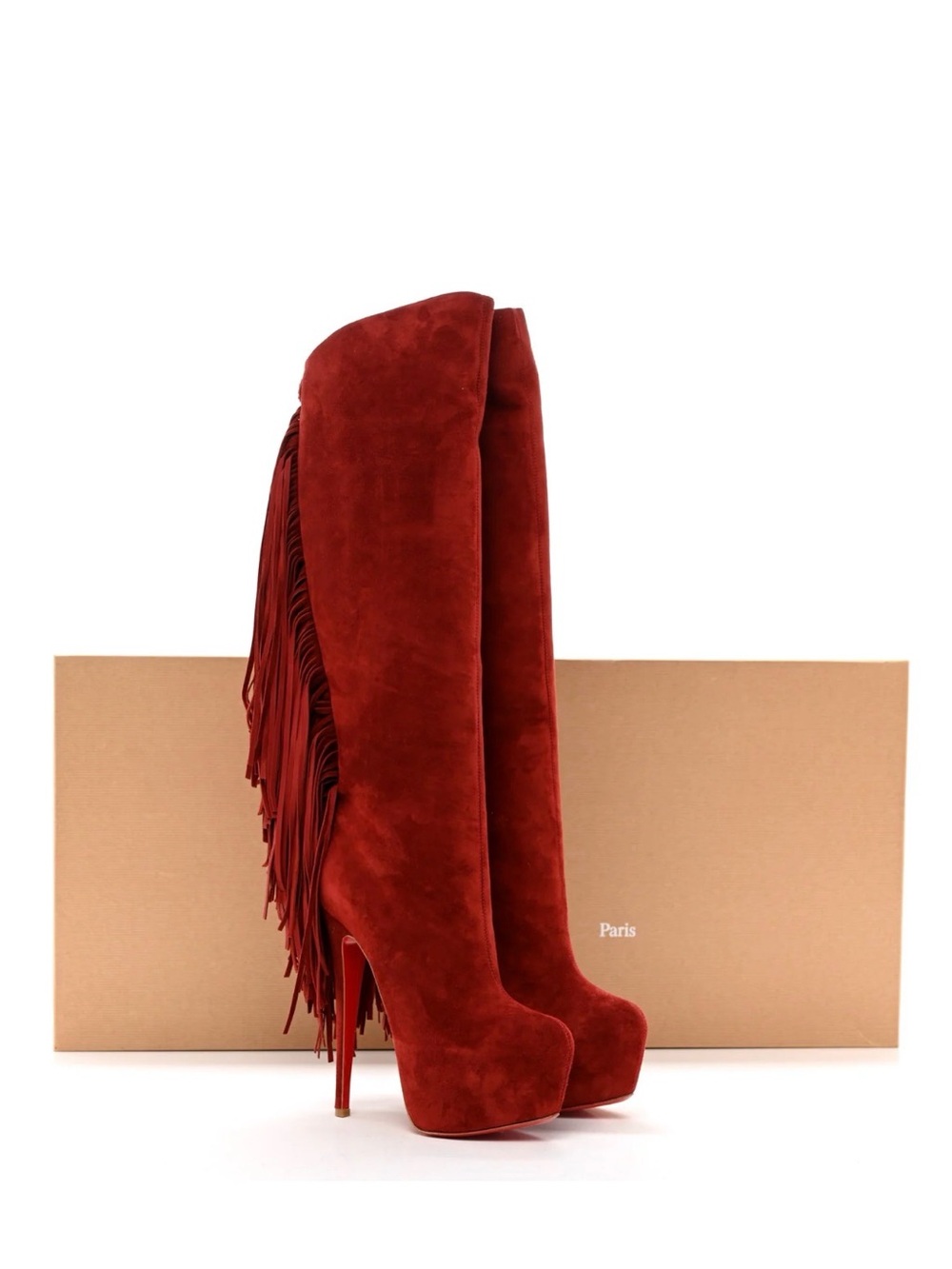 Christian Louboutin Red Suede Over-the-Knee Fringe Stiletto Boots